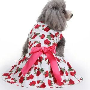 NEW Little Dog Dress Red Rose Print Pet Outfit Big Bow Costume Colorful Cotton